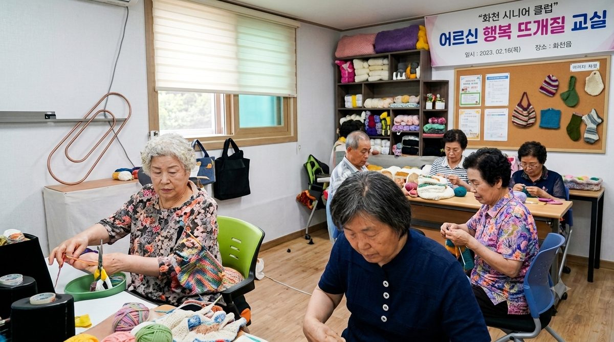 뜨개매듭 사업단 어르신들이 모여 앉아 손뜨개로 생활용품을 만드는 모습