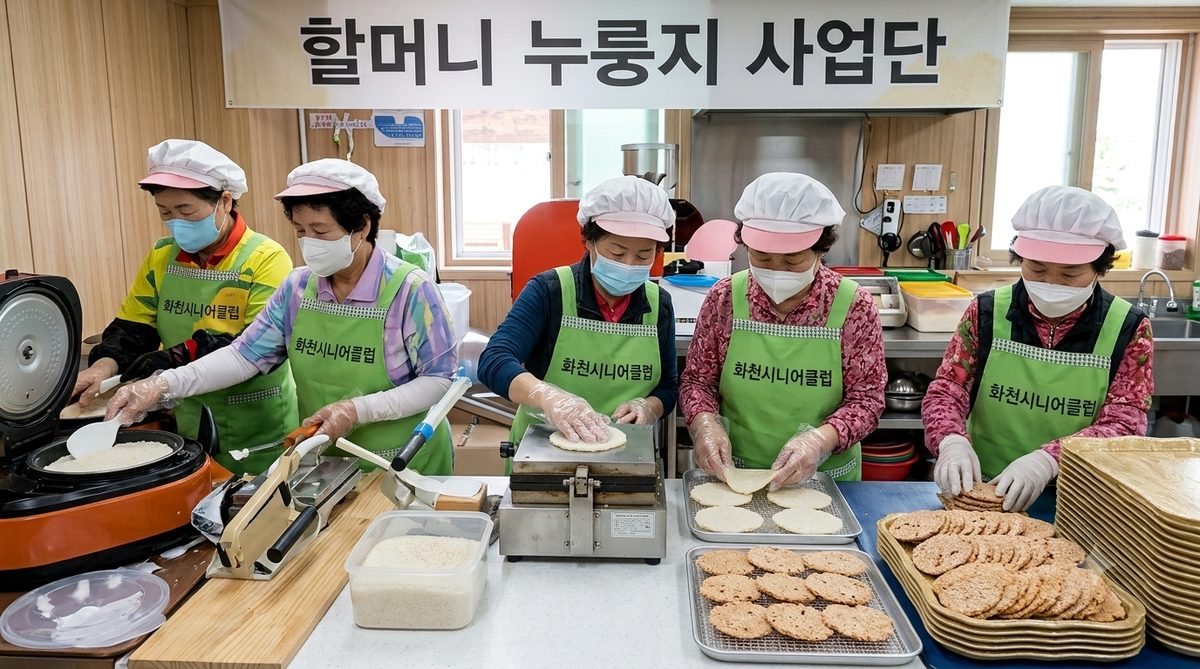 할머니 누룽지 사업단 어르신들이 위생모를 쓰고 누룽지와 쌀과자를 만드는 모습