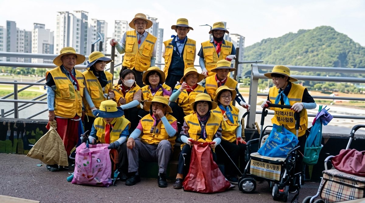 공공시설봉사 사업단 어르신들이 노란 조끼를 입고 지역사회 봉사활동을 위해 모여 있는 모습